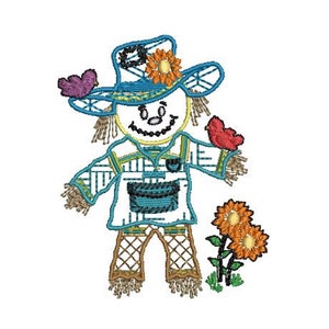 May include: A whimsical embroidered design of a scarecrow with a blue hat adorned with an orange flower. The scarecrow has a smiling face, straw hair, and is wearing a blue and white outfit. Two red birds and orange sunflowers complete the fall-themed design.