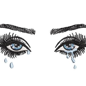 Puede incluir: Un par de ojos bordados en blanco y negro con iris azules y pestañas. Las lágrimas gotean del párpado inferior de cada ojo.