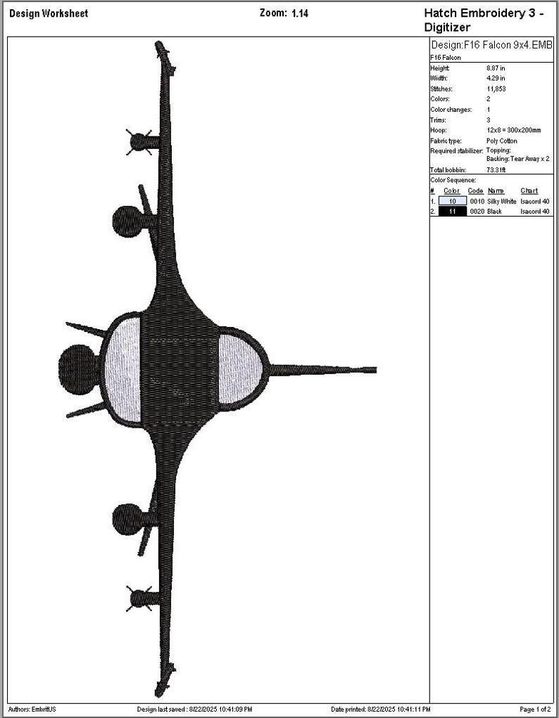 F16 Falcon Military Plane Embroidery Design Multiple Sizes: 3x2
