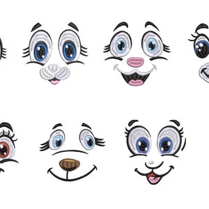May include: Eight different cartoon faces with big eyes, various expressions, and different colored noses. The faces are black and white with blue, pink, and brown accents.