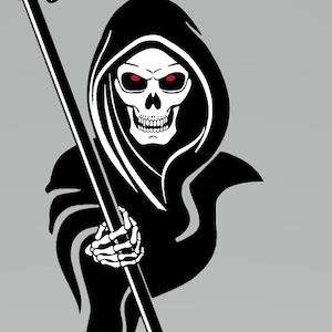 May include: Black and white illustration of the Grim Reaper holding a scythe. The Reaper is wearing a hooded robe and has a skull face with red eyes.