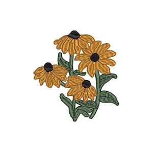 May include: A cluster of four yellow and black coneflowers with green leaves. The flowers have a dark center and are arranged in a bouquet.