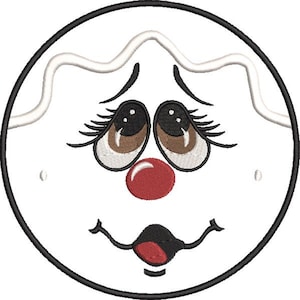 May include: Embroidered design of a sad face within a black-lined circle. The face features large brown eyes with long lashes, a red nose, and a downturned mouth. A white, wavy line sits above the eyes, adding to the expression.