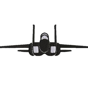 Puede incluir: Parche bordado negro de un avión a reacción, visto de frente. El avión tiene un diseño detallado con detalles blancos en el fuselaje y las alas, sobre un fondo blanco. Adecuado para ropa o accesorios.