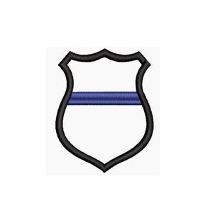 May include: A black and white police badge with a blue stripe across the center.