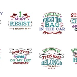 Puede incluir: Un conjunto de 10 diseños de bordado coloridos con citas humorísticas sobre las compras de comestibles. Los diseños incluyen frases como "¿Compré vino en lugar de leche?" y "Comprar como un jefe."