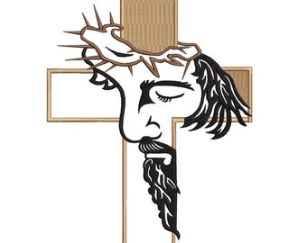 Cruz con diseño de bordado coloreado de cara de Jesús para máquina y tamaño(s) de punto de cruz: 3x4", 4x5", 5x6" 6x8" 7x9" y 8x10"