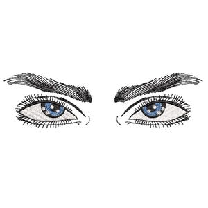 以下が含まれることがあります： 黒い眉毛と青い虹彩を持つ目のクローズアップ。