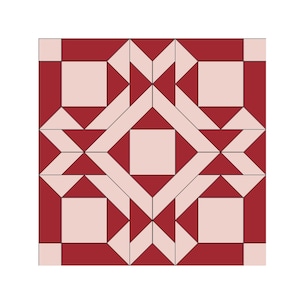 May include: A red and pink geometric pattern quilt block with a square design in the center. The block is made up of squares and triangles.