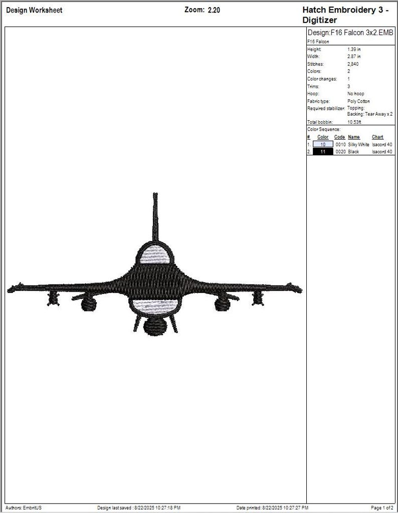 F16 Falcon Military Plane Embroidery Design Multiple Sizes: 3x2