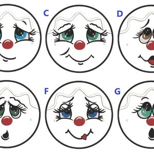 Puede incluir: Seis caras de dibujos animados diferentes con varias expresiones, incluyendo feliz, triste y sorprendido. Cada cara es blanca con contornos y características negras, incluidos los ojos, la nariz y la boca. Las caras están dispuestas en dos filas de tres.