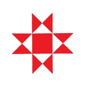 May include: A red and white quilt block with a star design. The star is made up of eight triangles, with the points of the triangles meeting in the center of the block.