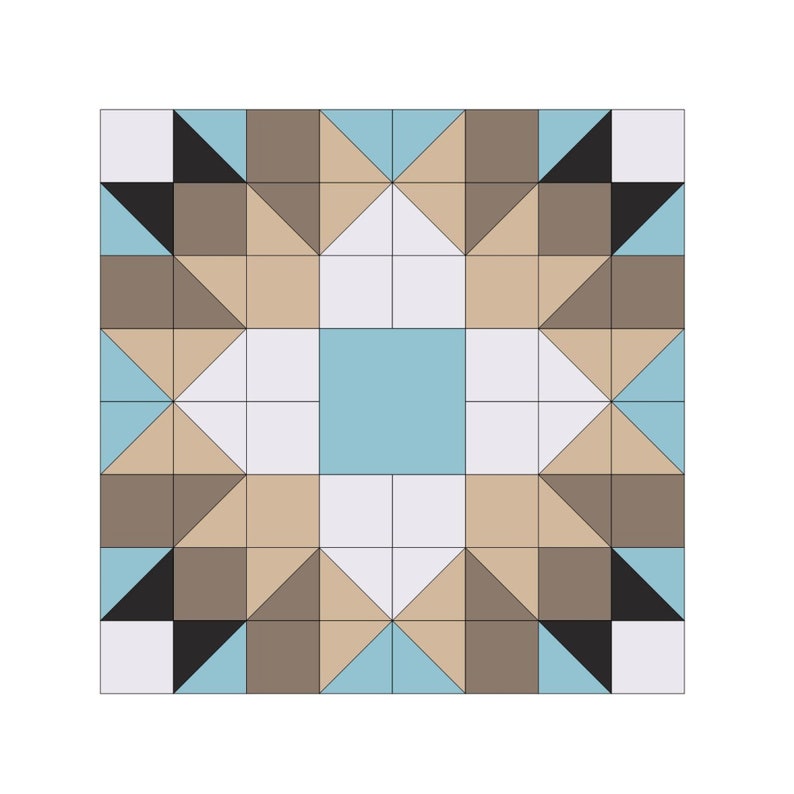 May include: A quilt block pattern with a star design in the center. The star is made up of tan, brown, and light blue triangles. The background is white with a light blue square in the center.
