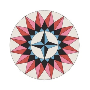 May include: Circular geometric design featuring a central four-pointed star in light blue, surrounded by a circle with a starburst pattern. The starburst pattern alternates between red, pink, and black triangular shapes, set against a cream-colored background.