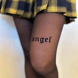 Sheer Black Tights with “Angel” Print – Bold Statement Tights, Edgy Fashion Hosiery, Divine Feminine Style