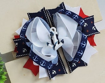 Anchor print hair bow 4.5 Navy Nautical hair bow |Boutique Sailor hair bow