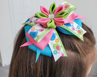 Blue bird flower floral blue pink grosgrain hair bow