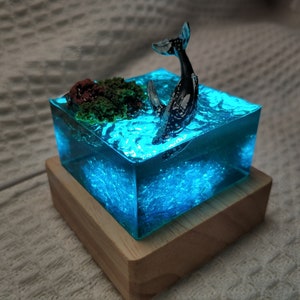 Whale epoxy resin art night lamp, solid wood lamp holder, resin ocean Art