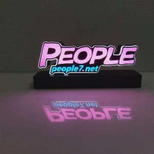 Zweistufiger LED-Leuchtkasten aus Acryl in Pink und Cyan mit Blasen-Text, weißer Umrandung, langem schwarzem Standfuß, Tischleuchte zur individuellen Gestaltung Ihrer Marke