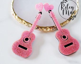 Pink Guitar Earrings, Nashville Earrings, Girls Night, Bachelorette Party Earrings, Western Jewelry, Broadway Girls, Eras Earrings