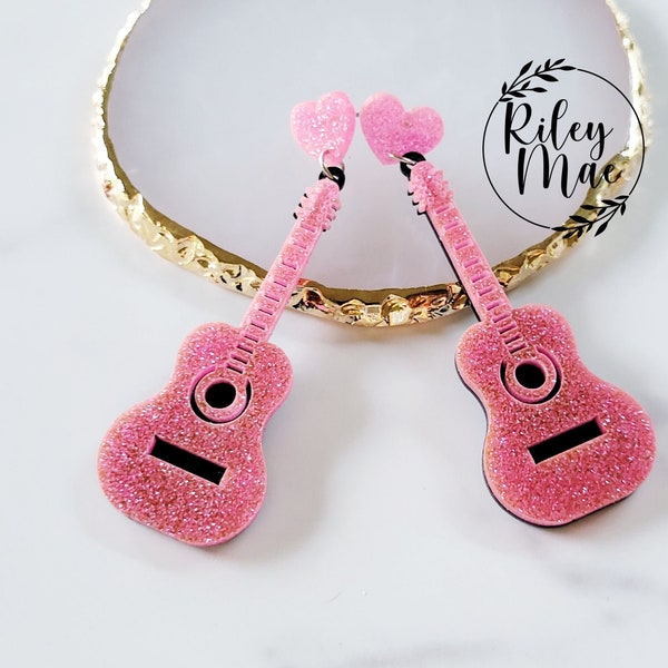 Pink Guitar Earrings, Nashville Earrings, Girls Night, Bachelorette Party Earrings, Western Jewelry, Broadway Girls, Eras Earrings