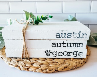 Personalized Custom Book Decor Personalized Family Books Personalized Bookstack Hand Stamped Book Stacks Mothers Day Wedding Centerpiece