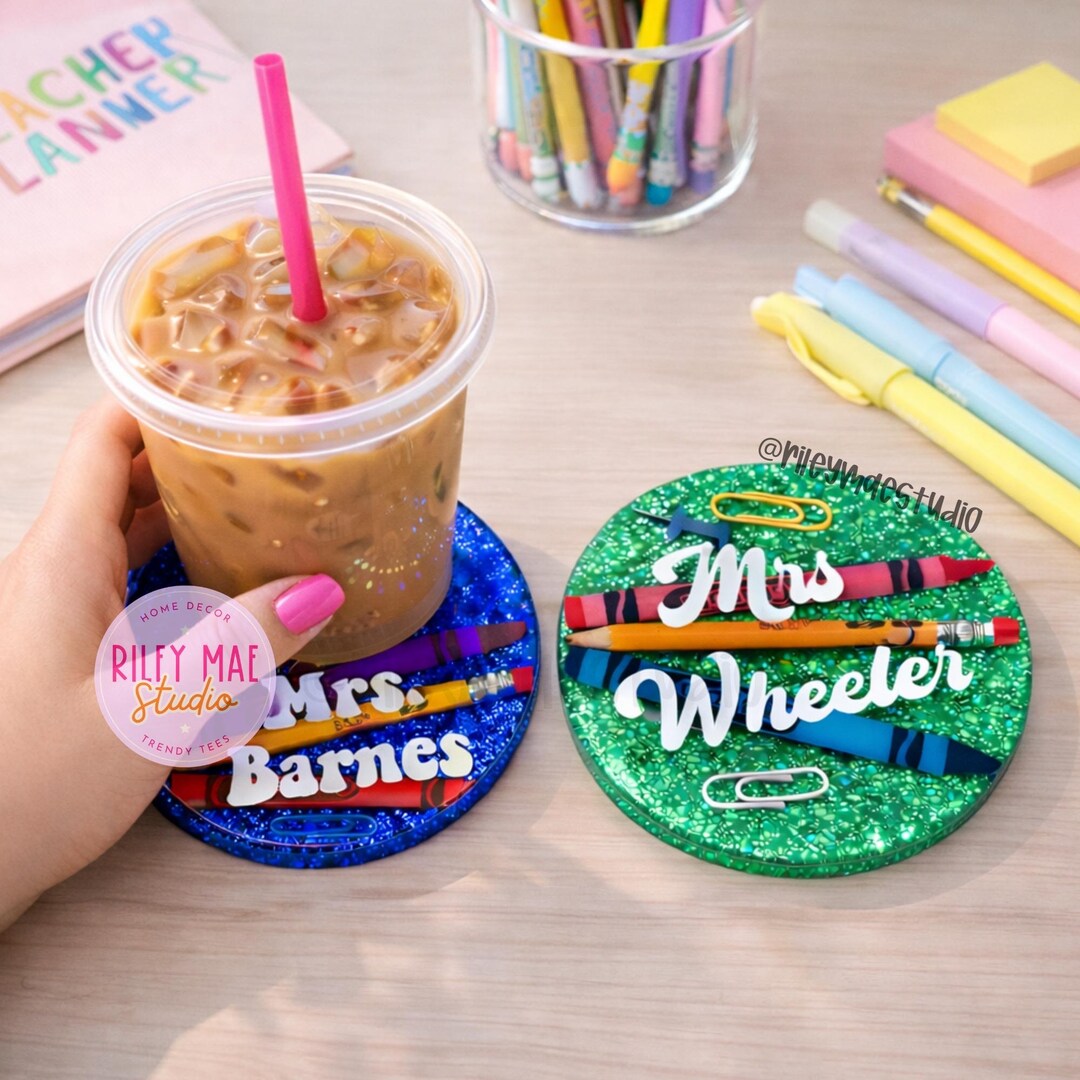Personalized Teacher Appreciation Resin Coaster: Crayon & Pencil Gift ...