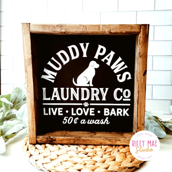 Muddy Paws Laundry Co. 木製看板、ランドリールーム看板、ファームハウスランドリー看板、マッドルーム看板、犬用ランドリー看板、