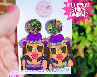 Mardi Gras Dangle Earrings, Resin Coated, Stainless Steel