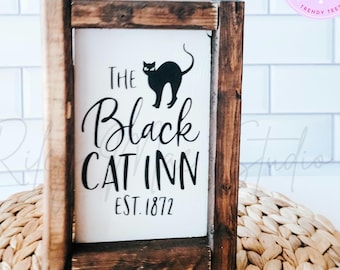 Black Cat Inn Halloween Sign: Rustic Farmhouse Halloween Sign
