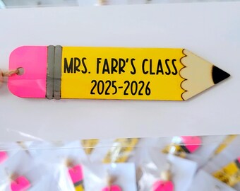 Personalized Teacher Pencil Ornament, Handmade Wood Gift Tag