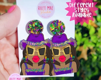Mardi Gras Statement Dangle Earrings, New Orleans Resin Coated