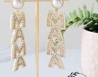 MAMA Rhinestone Earrings, MAMA Earrings, Pierced Earrings, Rhinestone Earring, Dangle Earrings, Mama Pearl Statement Earrings, Sports Mom