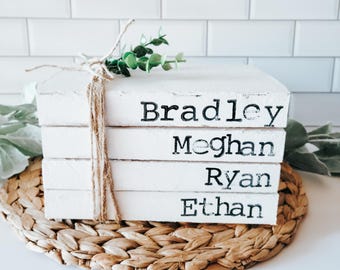 Personalized Custom Book Decor Personalized Family Books Personalized Bookstack Hand Stamped Book Stacks Mothers Day Wedding Centerpiece