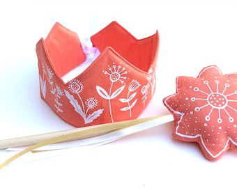 Birthday Fabric Crown | Fabric Flower Crown | Dress up crown and Wand Set | Coral