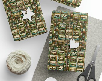 May include: Gift-wrapped presents with a repeating pattern of vintage fish illustrations in a green, brown, and beige color scheme. Each package is tied with twine and has a white tag. A ball of twine, scissors, and blank tags are also visible.