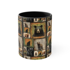May include: A black ceramic mug featuring a pattern of black bears in different poses against a green, brown and orange background.
