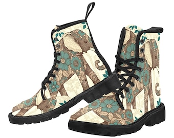 Boho Elephant Women's High Top Boots | Canvas Lace Up Boots | Bohemian Footwear