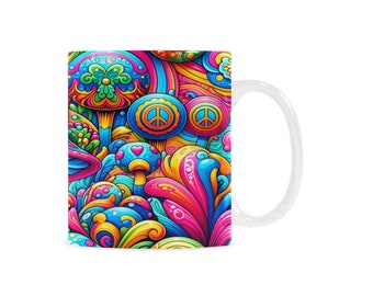 Psychedelic Mushroom Mug: Hippie Pattern Coffee Cup (Made in USA)