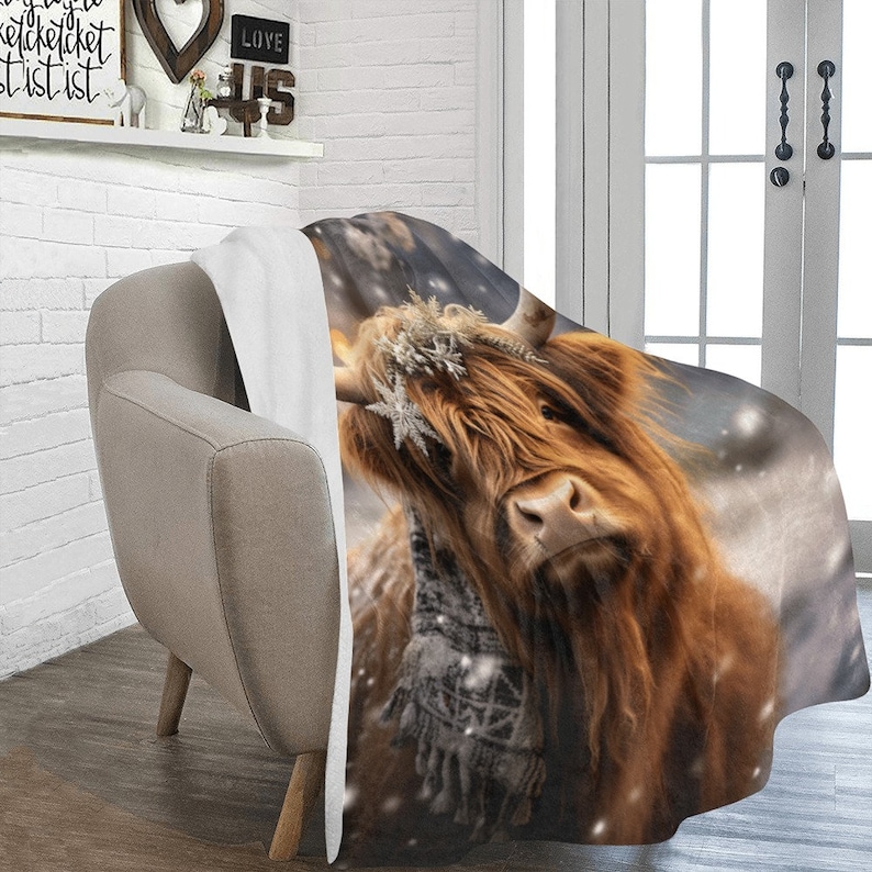 Snowy Winter Highland Cow Christmas Micro Fleece Plush Minky Etsy