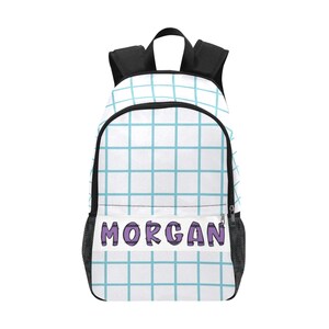 Sac à dos avec prénom personnalisé en papier quadrillé avec poches en filet - Sac d'école, de randonnée et de voyage en polyester durable