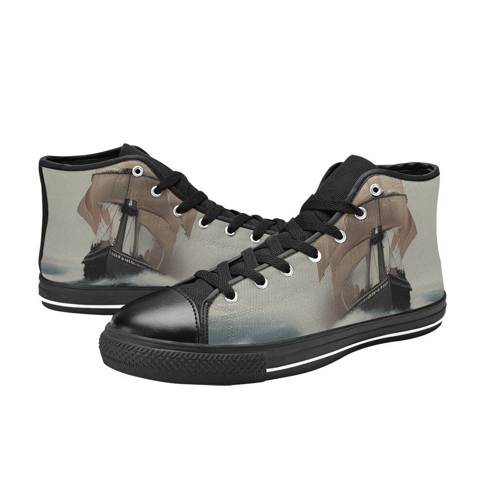 Nautical Lace up Canvas Sneakers Sailing Ship at Sea Design Womens