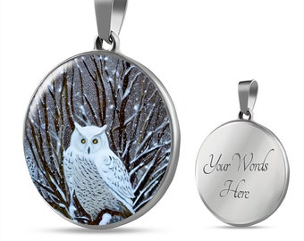Snowy Owl Glass Pendant Charm Necklace - Personalized