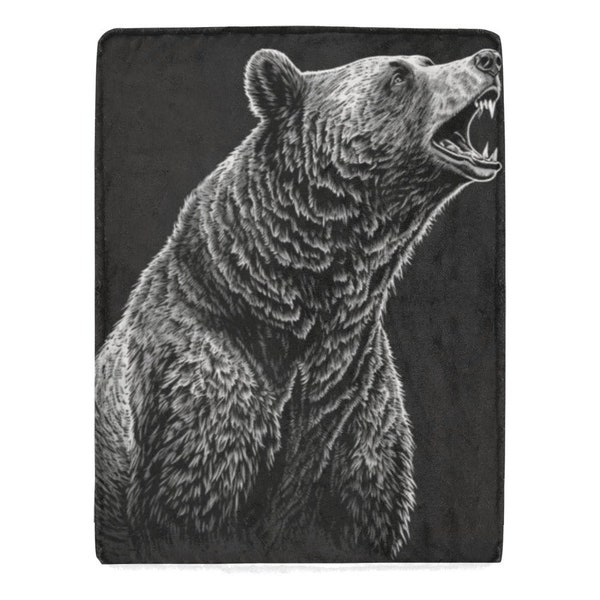 Ultra-Soft Micro Fleece Cabin Blanket  Rustic Bear Sketch Design  Wildlife Throw 60 x 80