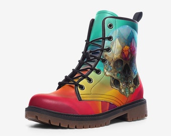 Rainbow Faux Leather Skull Boots - Unisex Shoes