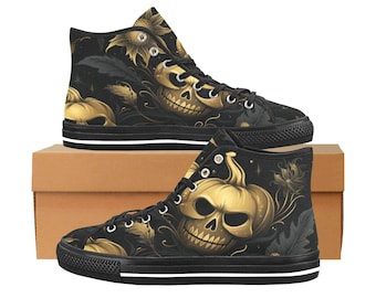 Black Halloween Skull Canvas High Top Shoes: Gothic Sneakers
