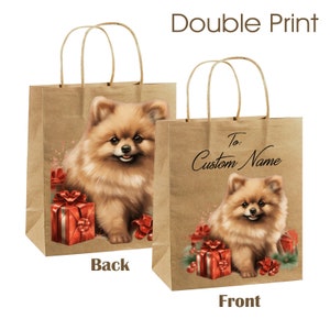 Borsa regalo natalizia in carta kraft personalizzata Pomerania - Nome personalizzato - 9 x 7 - Stampa fronte-retro