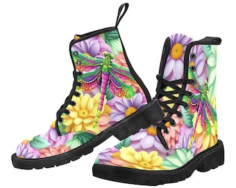 Womens Floral Lace Up Canvas Boots - Bright Pastel Colors with Flower  Dragonfly Design