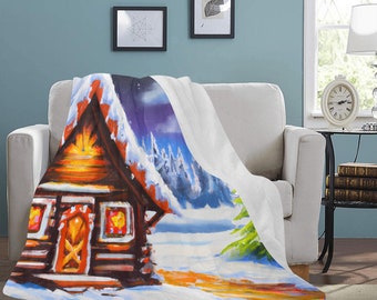 Christmas Cabin Fleece Blanket  Rustic Winter Lodge Throw  Ultra-Soft  60 x 80  Cozy Holiday Gift