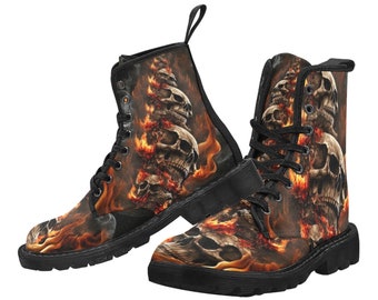 Flaming Skull Men's Lace Up Canvas Boots